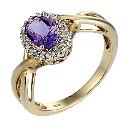 9ct Yellow Gold Rhodium Plated Diamond Amethyst Ring